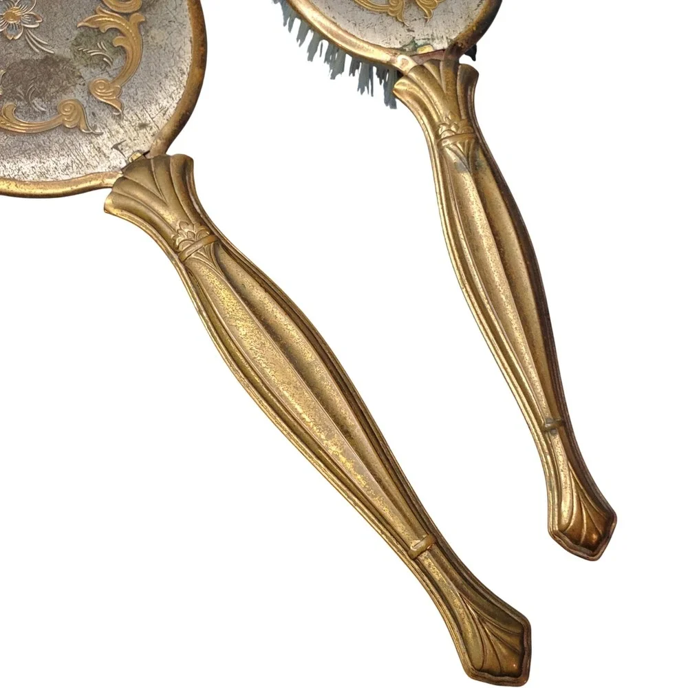 VTG 1950s Gold Tone Vanity Set Hand Mirror & Hair Brush Hollywood Regency Floral